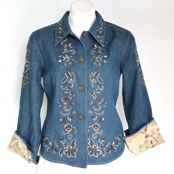 Coldwater Creek Embroidered Denim Jacket Boho Cottagecore Western Floral Small - Picture 1 of 15
